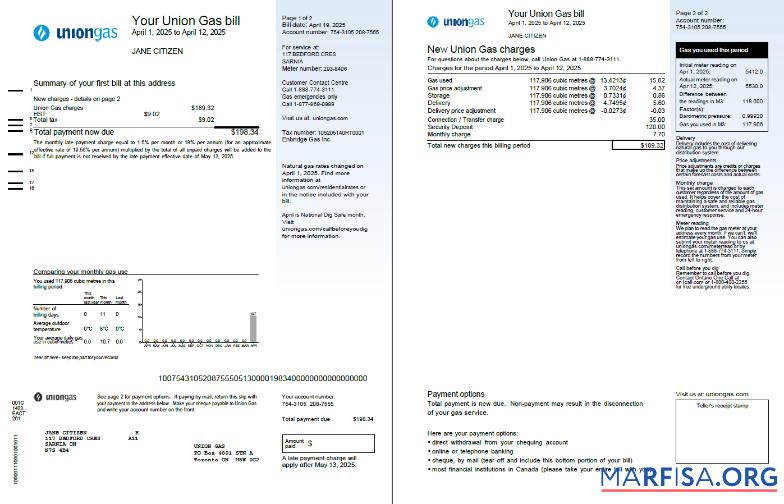 Downloadable Canada Union Gas utility bill template in Word and PDF formats, 2 pages, version 2